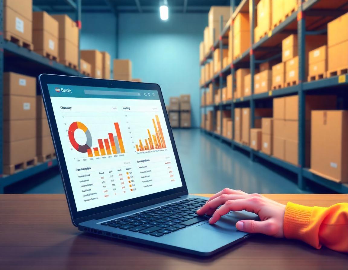 Un vendeur B2B analyse des stratégies de tarification sur un ordinateur portable, avec des graphiques et comparaisons de prix affichés à l’écran. En arrière-plan, des cartons de stock illustrent la vente en gros et la logistique.