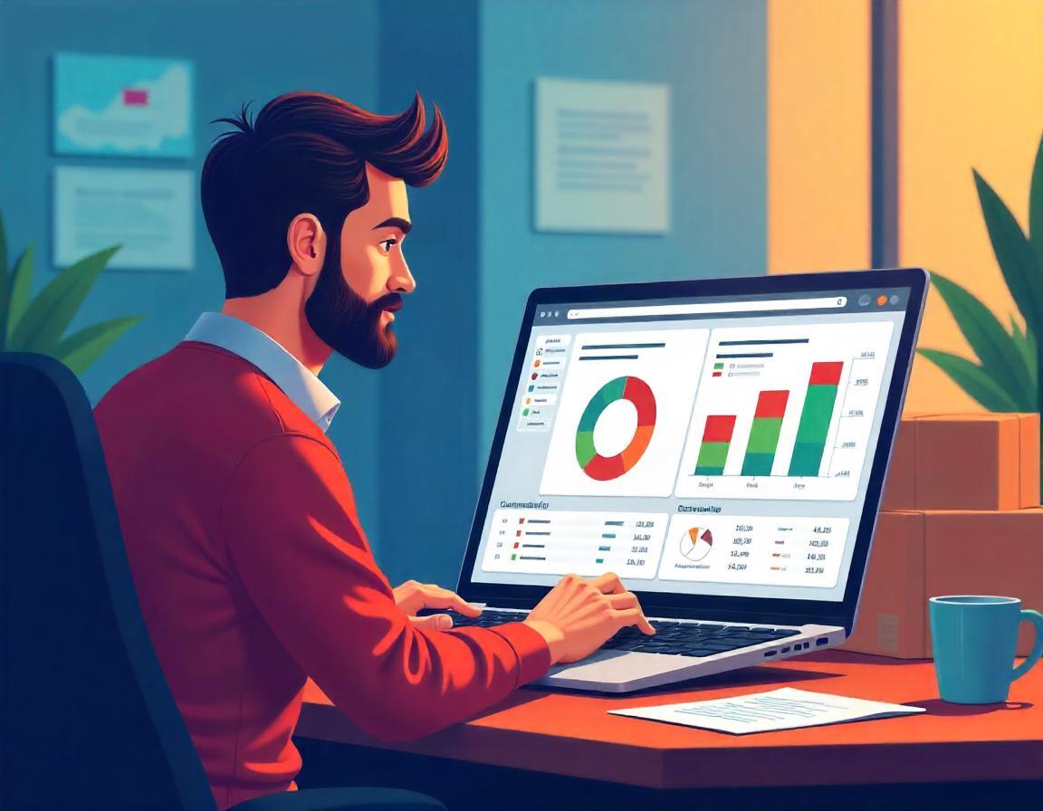 Vendeur B2B analysant les offres concurrentes sur une marketplace en ligne, avec des graphiques et des comparaisons de prix sur l’écran. Des colis et des produits en arrière-plan illustrent la vente en gros et la logistique.