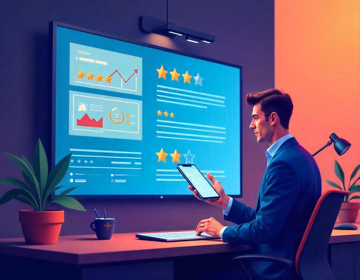 Un vendeur B2B examine des avis clients positifs sur une tablette, avec un écran en arrière-plan affichant des étoiles et des commentaires. Une poignée de main entre un vendeur et un acheteur illustre la confiance et la fidélisation.