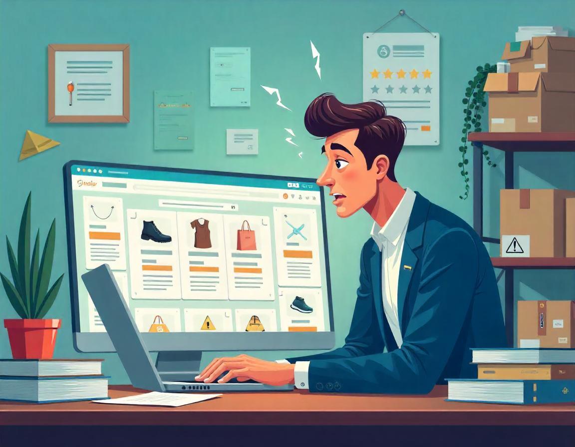 Vendeur B2B frustré devant son ordinateur, confronté à des erreurs dans ses annonces en ligne. Autour de lui, des piles de messages non lus, un stock mal organisé et un écran montrant des fiches produits mal optimisées.