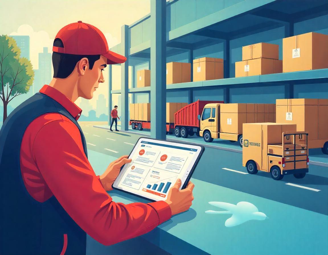 Acheteur B2B utilisant une marketplace en ligne pour comparer plusieurs fournisseurs et offres sur une tablette. En arrière-plan, un entrepôt avec des colis prêts à être expédiés illustre l’optimisation logistique.