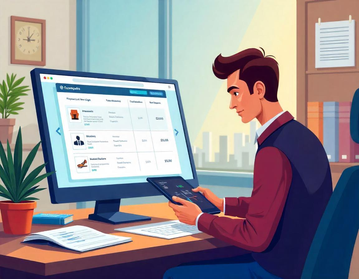 Un acheteur B2B compare plusieurs fournisseurs sur une marketplace en ligne, analysant les avis clients et les évaluations pour prendre une décision éclairée.